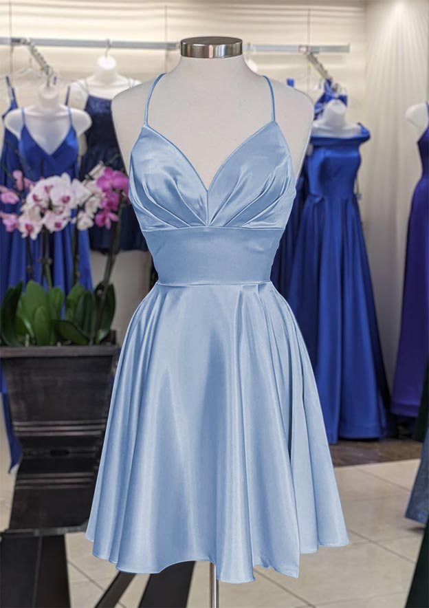 Vestido de fiesta corto/mini de charmeuse, sin mangas y con escote en V y pliegues